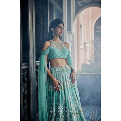 SWATHI VELDANDI Turquoise Lehenga with Blouse (Set of 2)