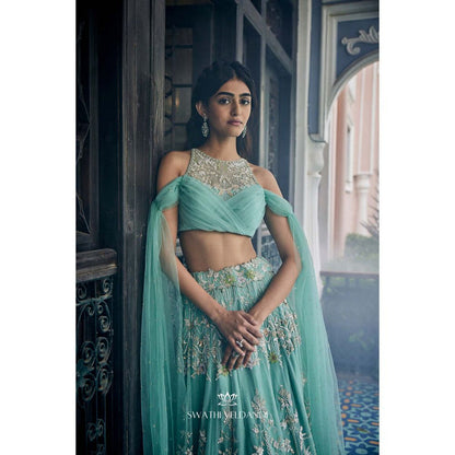 SWATHI VELDANDI Turquoise Lehenga with Blouse (Set of 2)