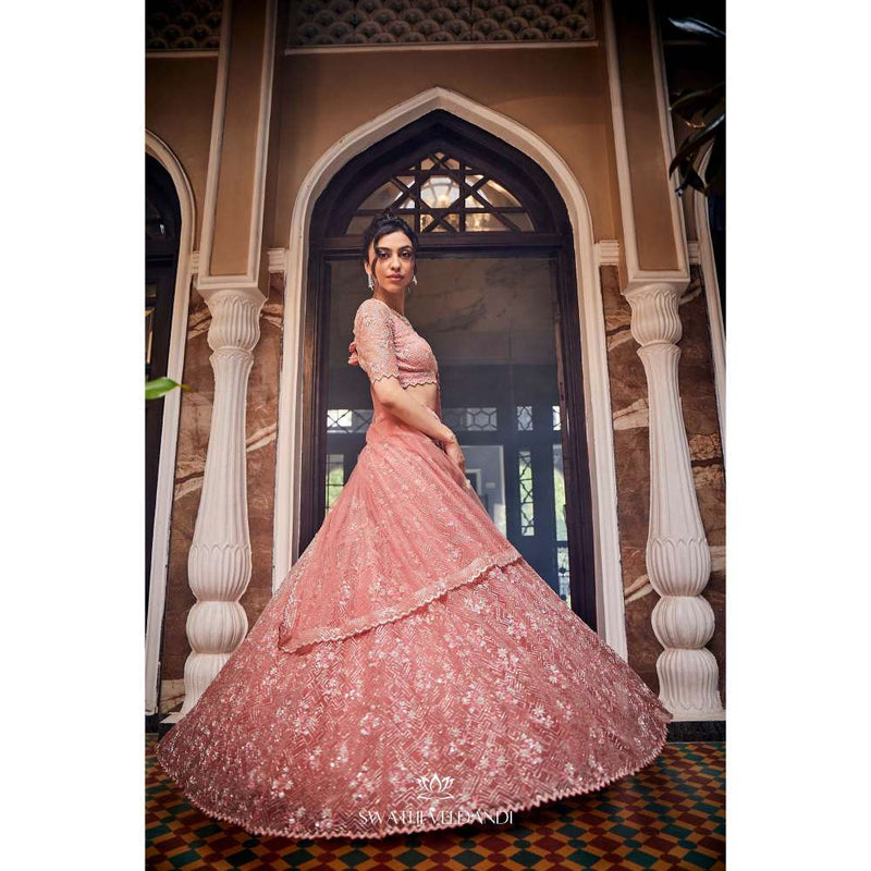 SWATHI VELDANDI Peach Lehenga with Blouse and Dupatta (Set of 3)