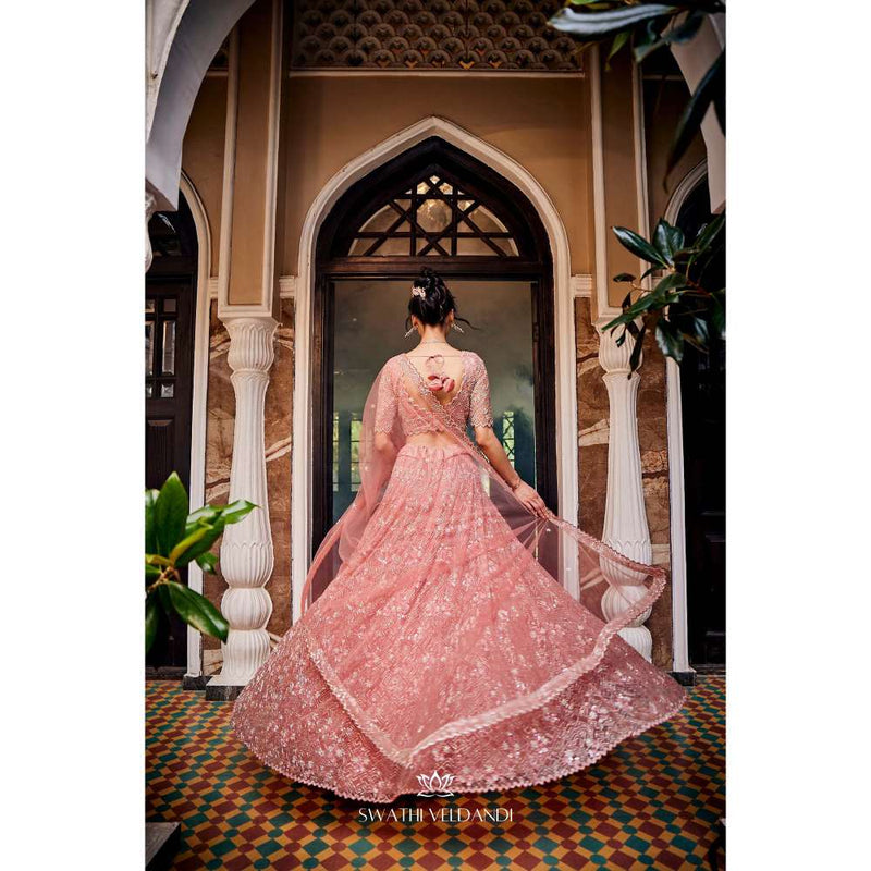 SWATHI VELDANDI Peach Lehenga with Blouse and Dupatta (Set of 3)