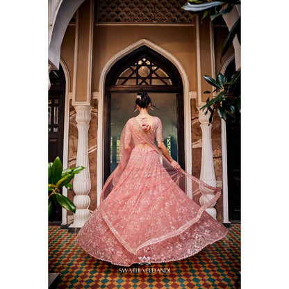 SWATHI VELDANDI Peach Lehenga with Blouse and Dupatta (Set of 3)