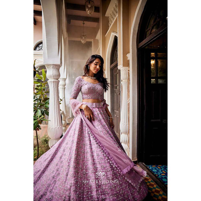 SWATHI VELDANDI Lavender Lehenga with Blouse and Dupatta (Set of 3)