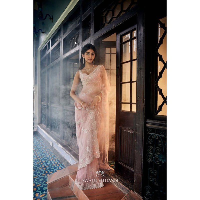 SWATHI VELDANDI Lemonade Pink Saree and Stitched Blouse