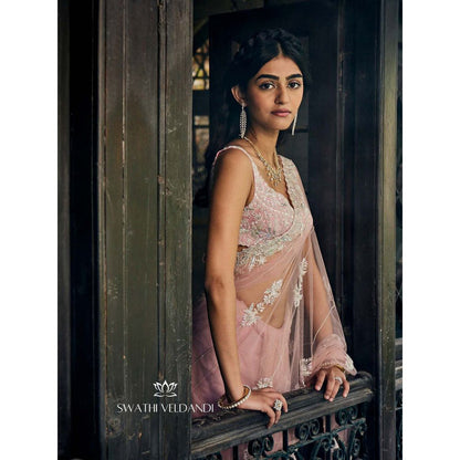 SWATHI VELDANDI Lemonade Pink Saree and Stitched Blouse