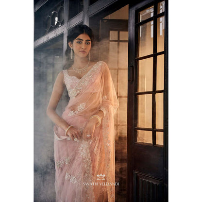 SWATHI VELDANDI Lemonade Pink Saree and Stitched Blouse