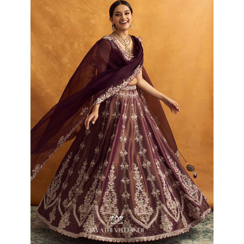 SWATHI VELDANDI Brown Tissue Lehenga with Blouse and Dupatta (Set of 3)