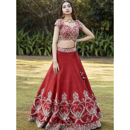 SWATHI VELDANDI Maroon Lehenga with Blouse and Dupatta (Set of 3)