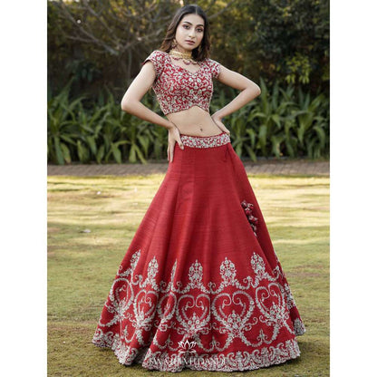 SWATHI VELDANDI Maroon Lehenga with Blouse and Dupatta (Set of 3)