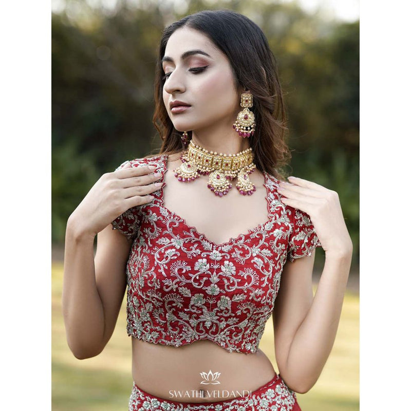 SWATHI VELDANDI Maroon Lehenga with Blouse and Dupatta (Set of 3)