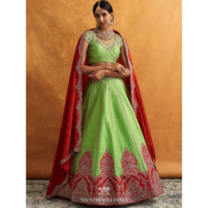 SWATHI VELDANDI Green Red Patchwork Lehenga with Blouse and Dupatta (Set of 3)