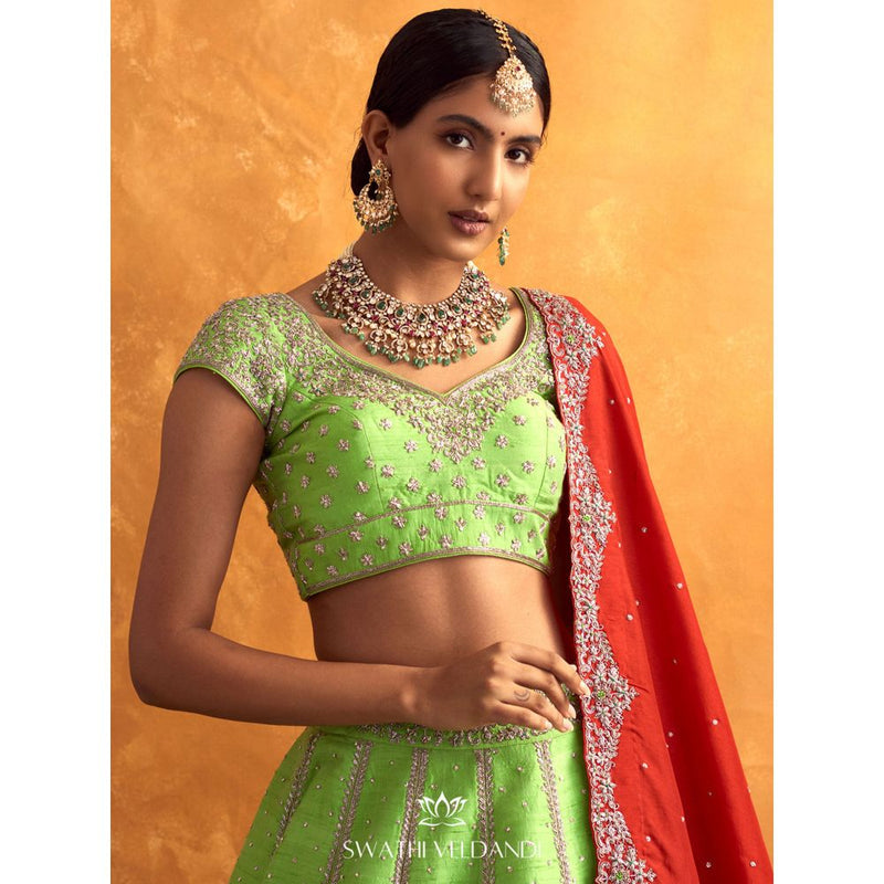 SWATHI VELDANDI Green Red Patchwork Lehenga with Blouse and Dupatta (Set of 3)