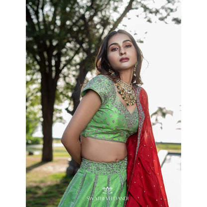 SWATHI VELDANDI Green Red Patchwork Lehenga with Blouse and Dupatta (Set of 3)