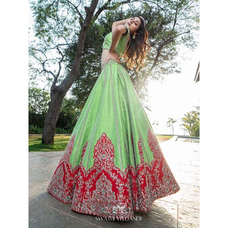 SWATHI VELDANDI Green Red Patchwork Lehenga with Blouse and Dupatta (Set of 3)