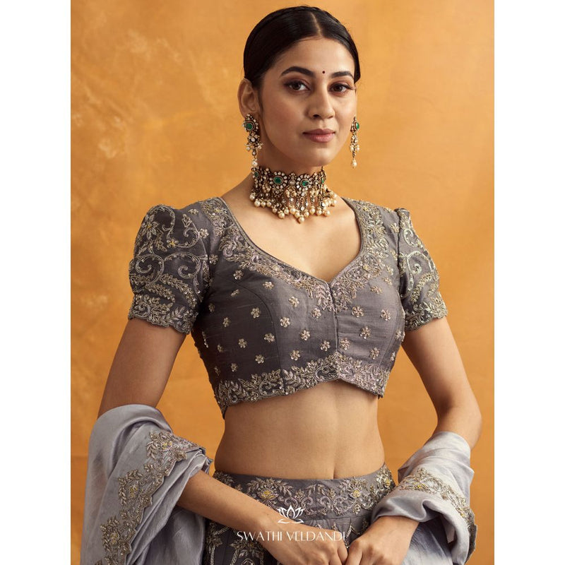 SWATHI VELDANDI Grey Lehenga with Blouse and Dupatta (Set of 3)
