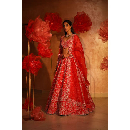 SWATHI VELDANDI Vermillion Orange Lehenga with Blouse and Dupatta (Set of 3)