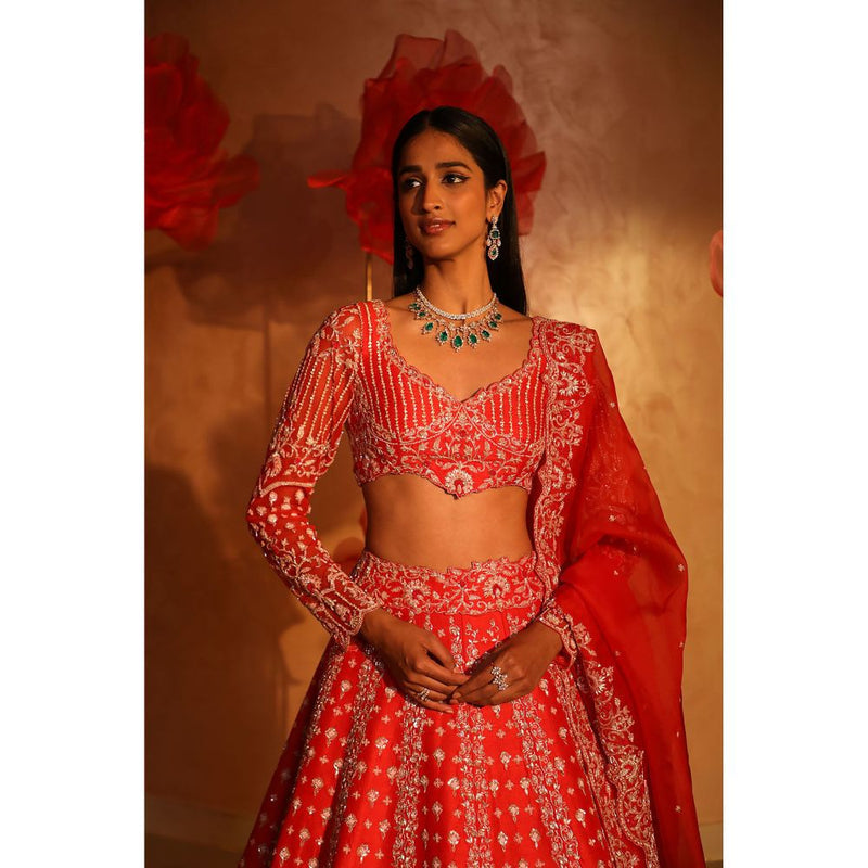 SWATHI VELDANDI Vermillion Orange Lehenga with Blouse and Dupatta (Set of 3)