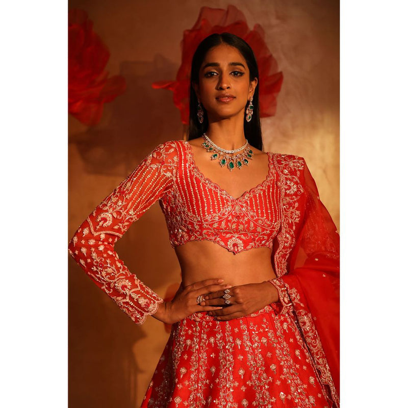 SWATHI VELDANDI Vermillion Orange Lehenga with Blouse and Dupatta (Set of 3)