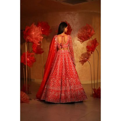 SWATHI VELDANDI Vermillion Orange Lehenga with Blouse and Dupatta (Set of 3)