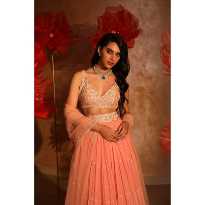 SWATHI VELDANDI Pristine Peach Lehenga with Blouse and Dupatta (Set of 3)