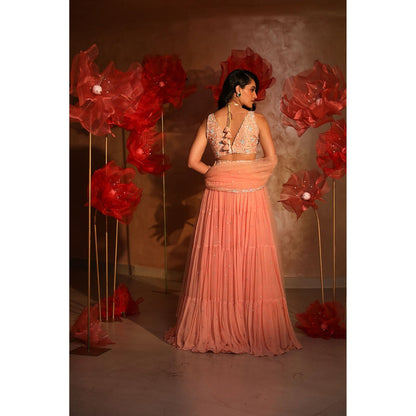 SWATHI VELDANDI Pristine Peach Lehenga with Blouse and Dupatta (Set of 3)