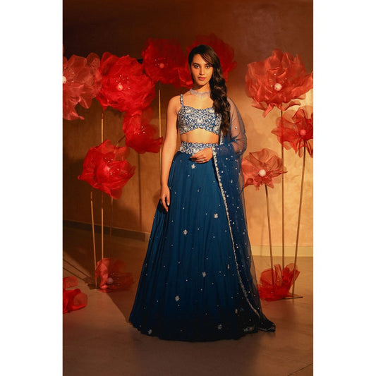 SWATHI VELDANDI Lavish Teal Blue Lehenga with Blouse and Dupatta (Set of 3)
