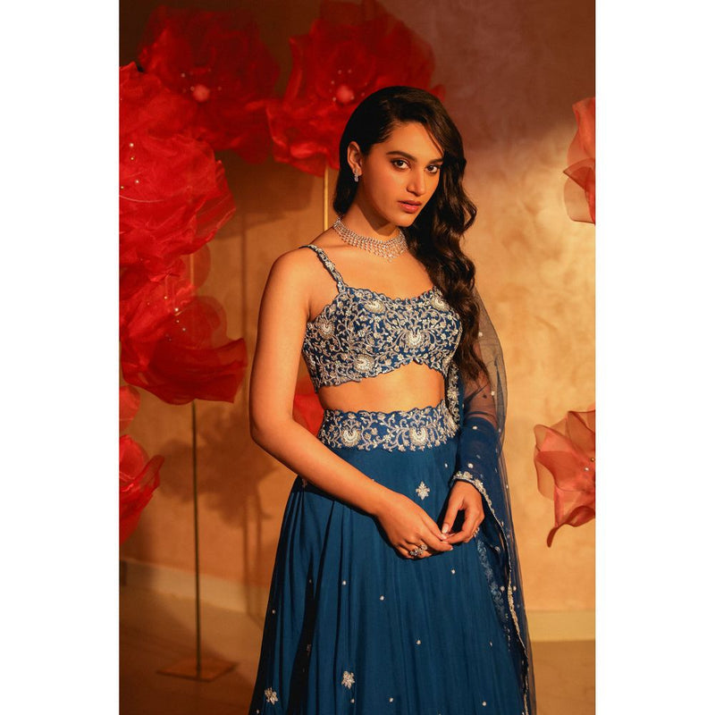 SWATHI VELDANDI Lavish Teal Blue Lehenga with Blouse and Dupatta (Set of 3)