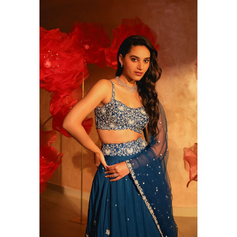 SWATHI VELDANDI Lavish Teal Blue Lehenga with Blouse and Dupatta (Set of 3)