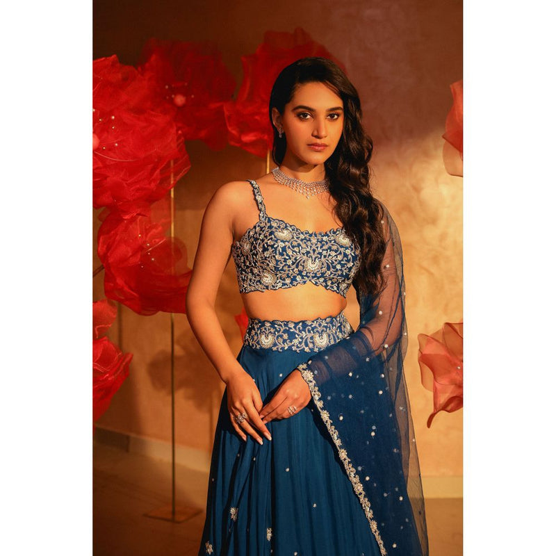 SWATHI VELDANDI Lavish Teal Blue Lehenga with Blouse and Dupatta (Set of 3)