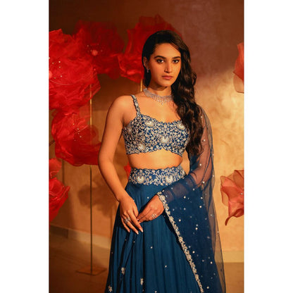 SWATHI VELDANDI Lavish Teal Blue Lehenga with Blouse and Dupatta (Set of 3)