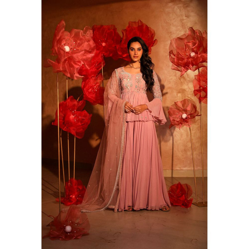 SWATHI VELDANDI Glamorous Onion Pink Peplum Top and Sharara with Dupatta (Set of 3)