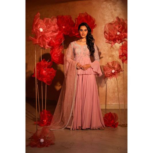 SWATHI VELDANDI Glamorous Onion Pink Peplum Top and Sharara with Dupatta (Set of 3)
