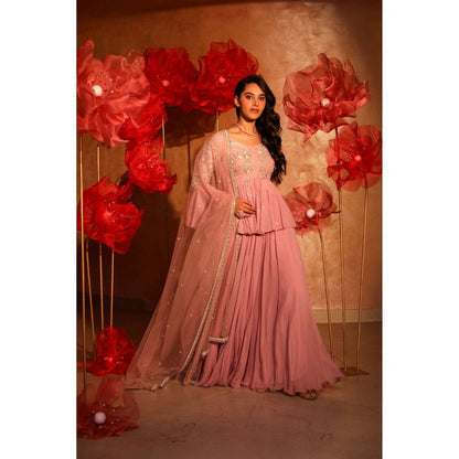 SWATHI VELDANDI Glamorous Onion Pink Peplum Top and Sharara with Dupatta (Set of 3)