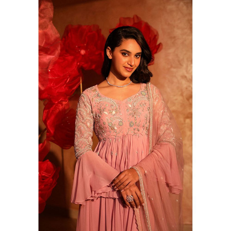 SWATHI VELDANDI Glamorous Onion Pink Peplum Top and Sharara with Dupatta (Set of 3)