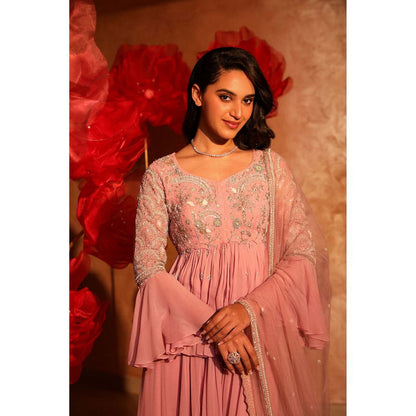 SWATHI VELDANDI Glamorous Onion Pink Peplum Top and Sharara with Dupatta (Set of 3)