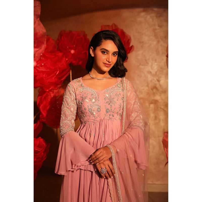 SWATHI VELDANDI Glamorous Onion Pink Peplum Top and Sharara with Dupatta (Set of 3)