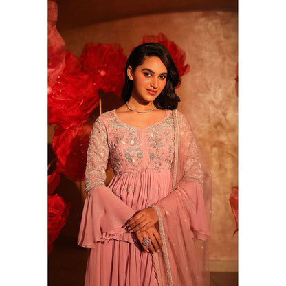 SWATHI VELDANDI Glamorous Onion Pink Peplum Top and Sharara with Dupatta (Set of 3)