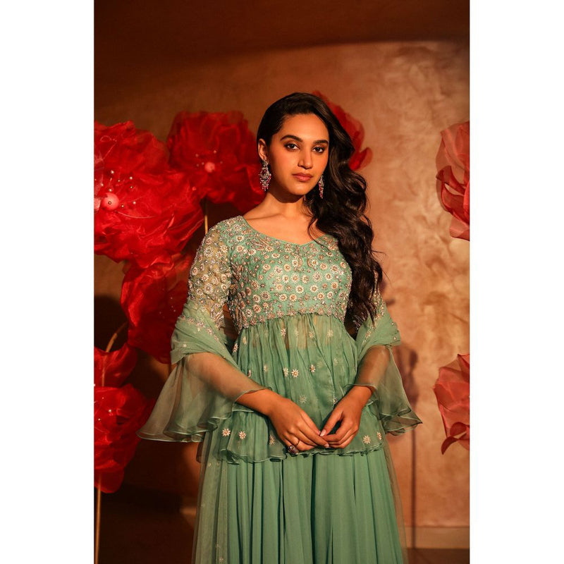 SWATHI VELDANDI Ablaze Agate Green Peplum Top and Sharara with Dupatta (Set of 3)