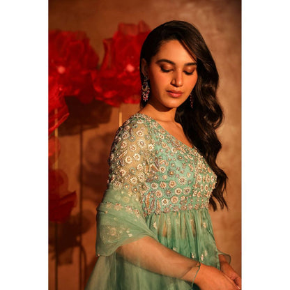 SWATHI VELDANDI Ablaze Agate Green Peplum Top and Sharara with Dupatta (Set of 3)