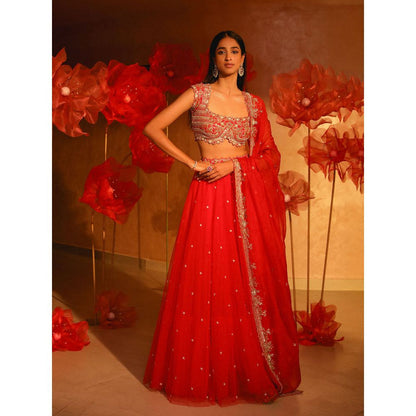 SWATHI VELDANDI Exquisite Red Lehenga with Blouse and Dupatta (Set of 3)
