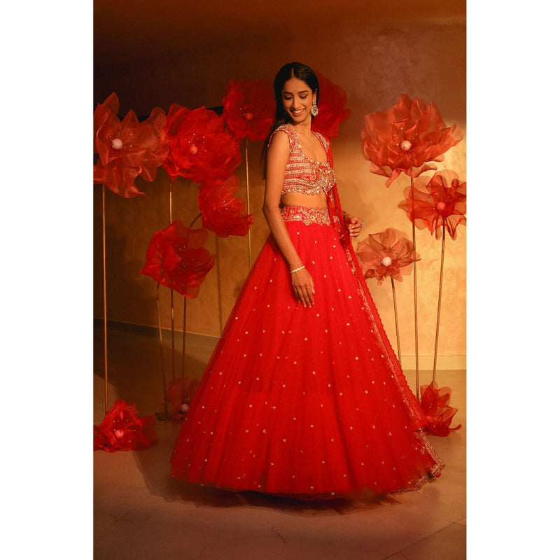 SWATHI VELDANDI Exquisite Red Lehenga with Blouse and Dupatta (Set of 3)