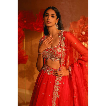 SWATHI VELDANDI Exquisite Red Lehenga with Blouse and Dupatta (Set of 3)