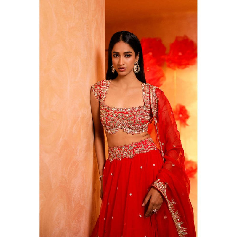 SWATHI VELDANDI Exquisite Red Lehenga with Blouse and Dupatta (Set of 3)