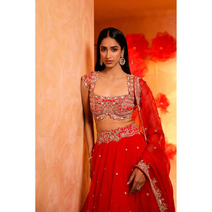 SWATHI VELDANDI Exquisite Red Lehenga with Blouse and Dupatta (Set of 3)