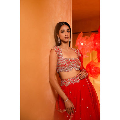 SWATHI VELDANDI Exquisite Red Lehenga with Blouse and Dupatta (Set of 3)