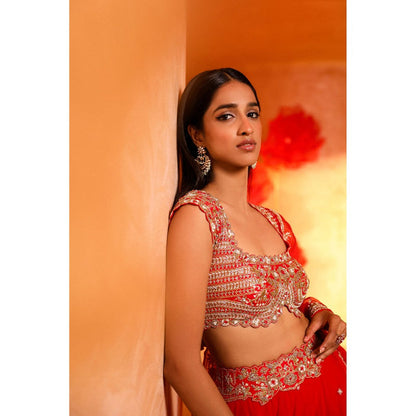 SWATHI VELDANDI Exquisite Red Lehenga with Blouse and Dupatta (Set of 3)