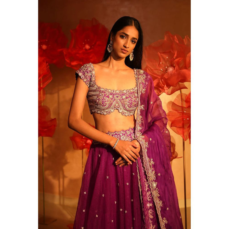 SWATHI VELDANDI Mighty Purple Lehenga with Blouse and Dupatta (Set of 3)
