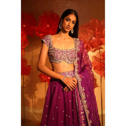 SWATHI VELDANDI Mighty Purple Lehenga with Blouse and Dupatta (Set of 3)