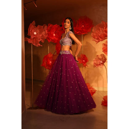 SWATHI VELDANDI Mighty Purple Lehenga with Blouse and Dupatta (Set of 3)