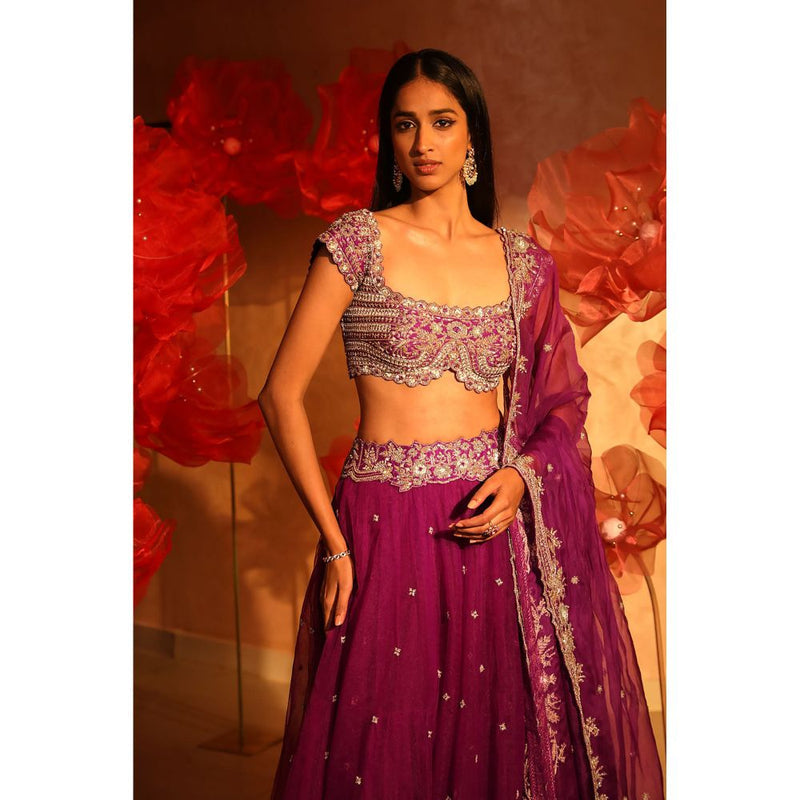 SWATHI VELDANDI Mighty Purple Lehenga with Blouse and Dupatta (Set of 3)