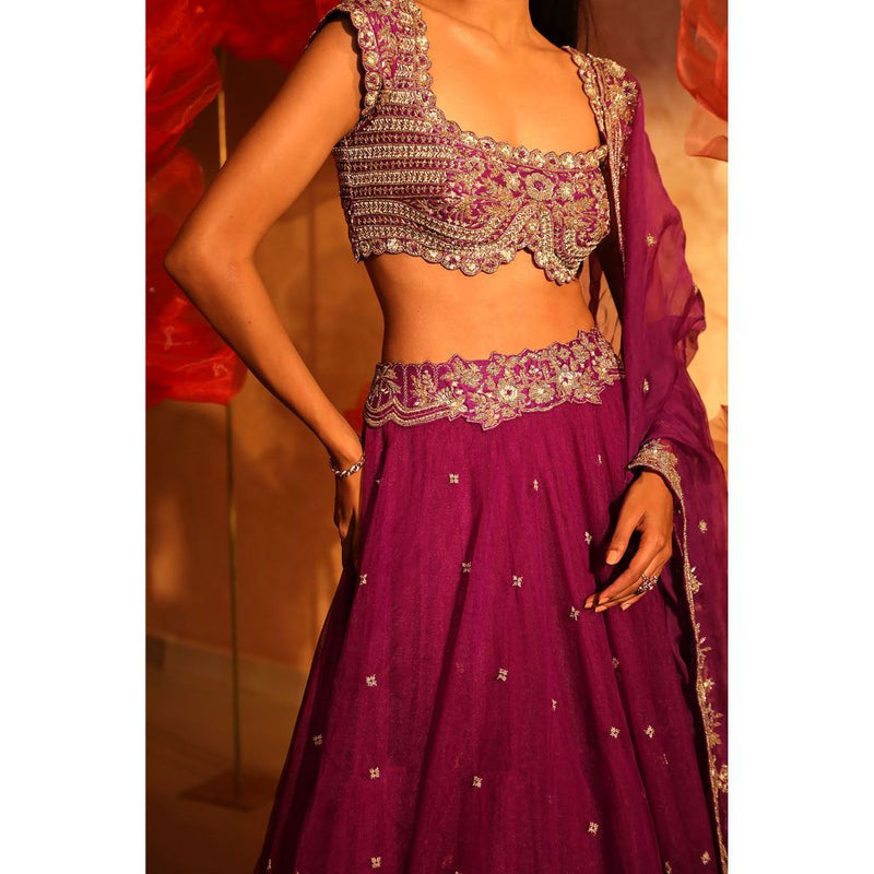 SWATHI VELDANDI Mighty Purple Lehenga with Blouse and Dupatta (Set of 3)